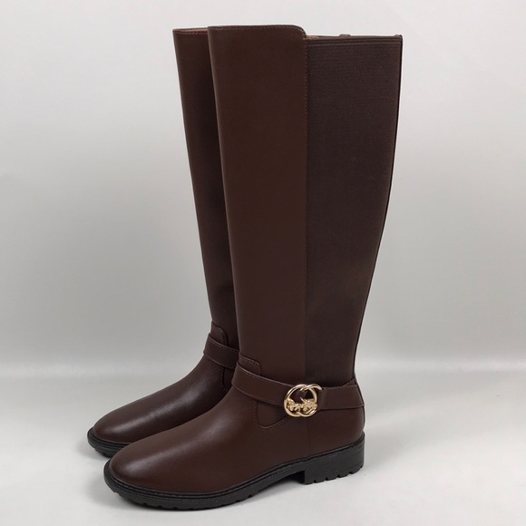 COACH Farrah Brown Leather Tall Riding Boots Logo Buckle NEW NWOB - Picture 2 of 15